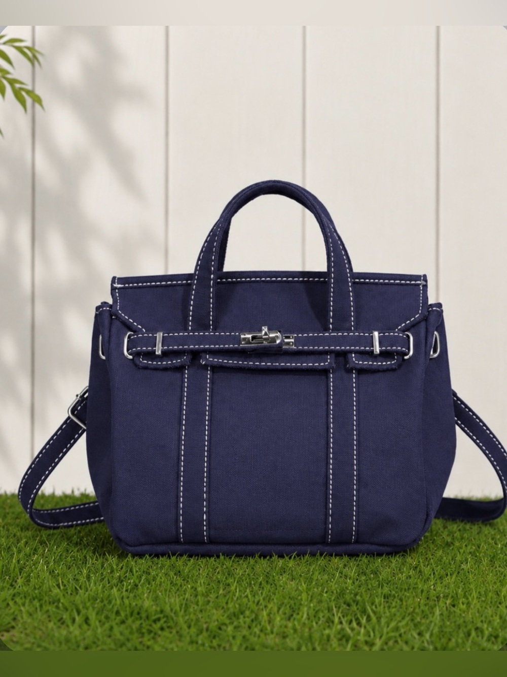Small Navy Canvas Tote Bag with Adjustable Strap